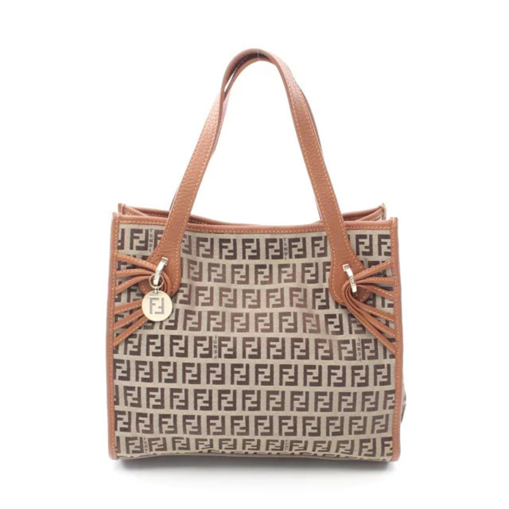 Fendi Zucchino Tote Bag Canvas Leather Beige Cream Brown